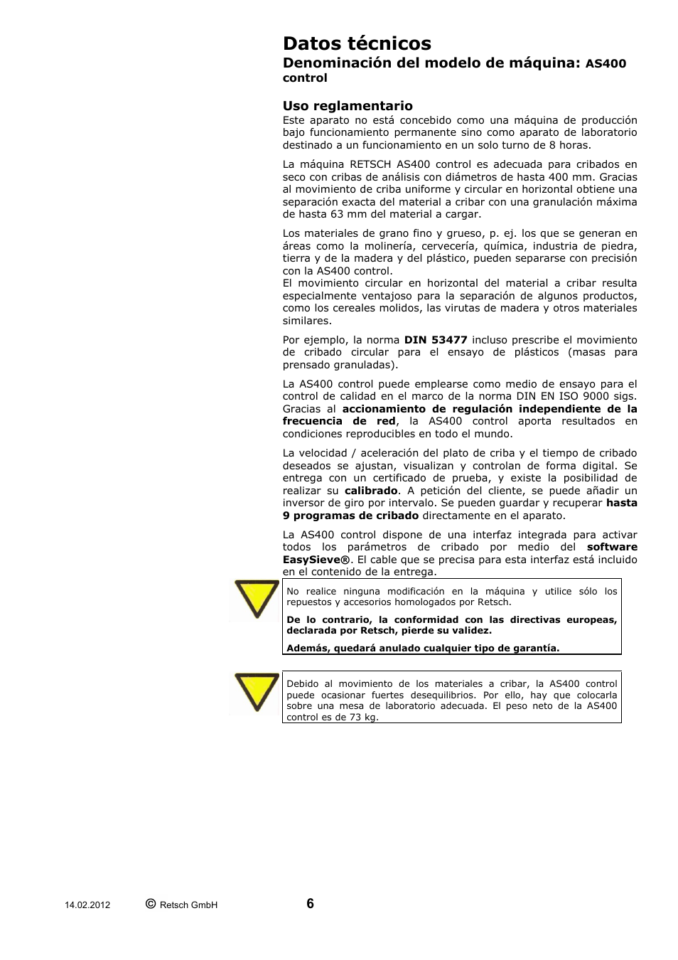 Datos técnicos, Uso reglamentario, Denominación del modelo de máquina | Retsch AS 400 User Manual | Page 6 / 28