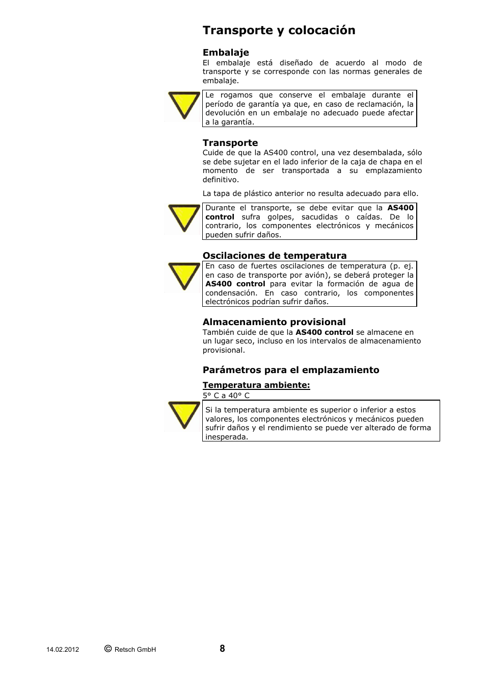 Transporte y colocación | Retsch AS 400 User Manual | Page 8 / 28