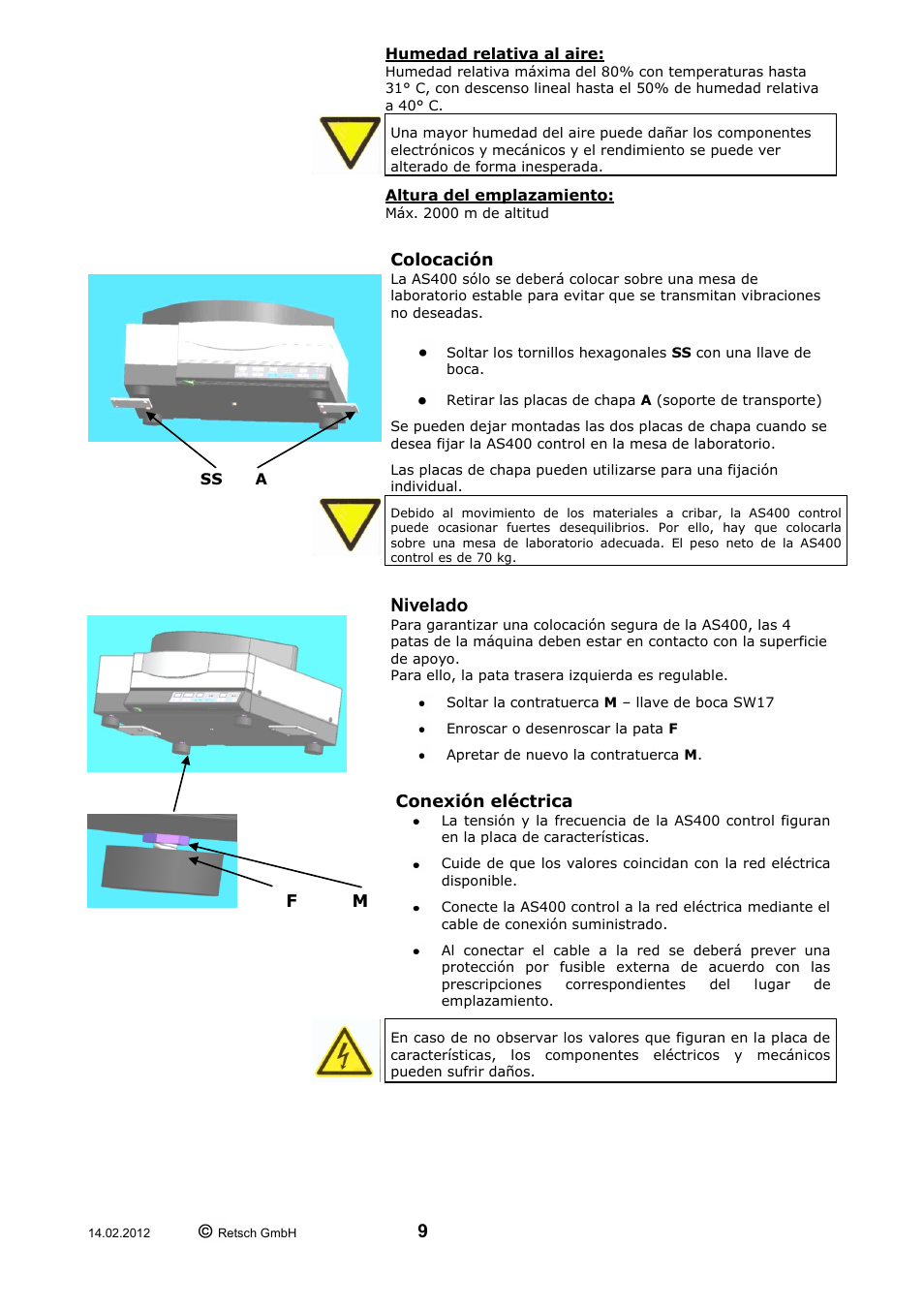 Colocación nivelado conexión eléctrica, Nivelado | Retsch AS 400 User Manual | Page 9 / 28