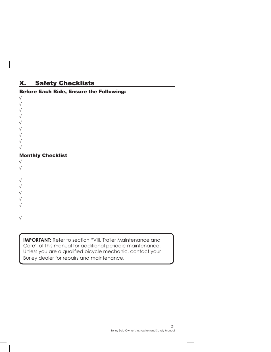 X. safety checklists | Burley SOLO User Manual | Page 21 / 24