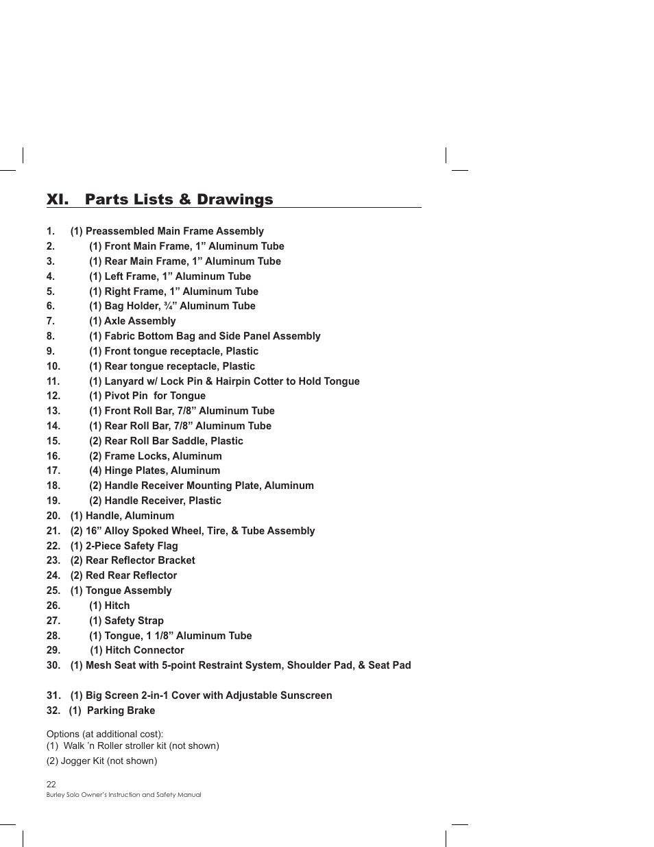 Xi. parts lists & drawings | Burley SOLO User Manual | Page 22 / 24