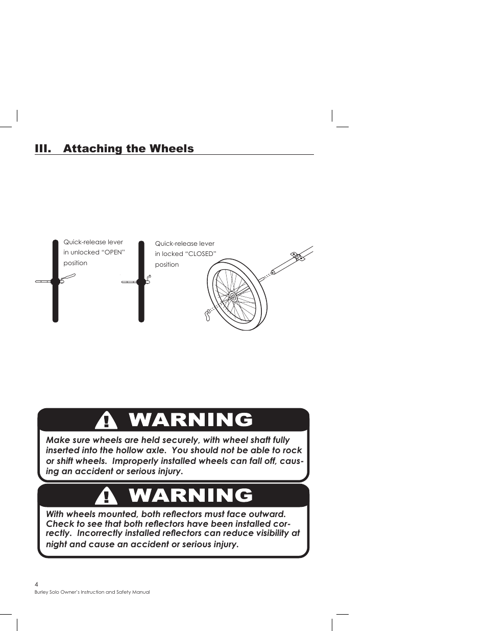 Iii. attaching the wheels | Burley SOLO User Manual | Page 4 / 24