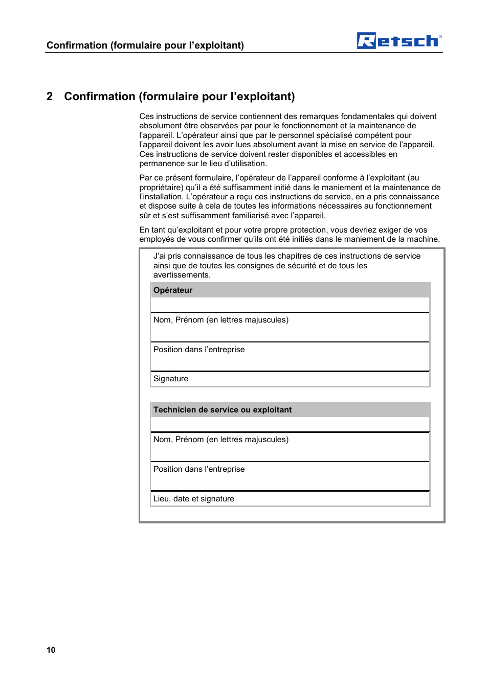 2 confirmation (formulaire pour l’exploitant), Confirmation (formulaire pour l’exploitant) | Retsch AS 450 basic User Manual | Page 10 / 44