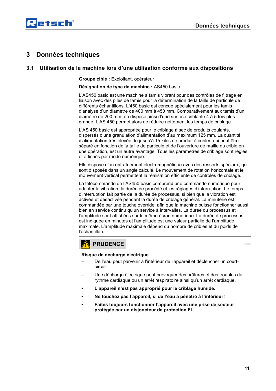 3 données techniques, Données techniques, Prudence | Retsch AS 450 basic User Manual | Page 11 / 44