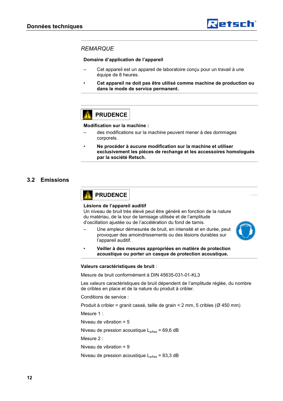 Données techniques, Remarque, Prudence | 2 emissions | Retsch AS 450 basic User Manual | Page 12 / 44