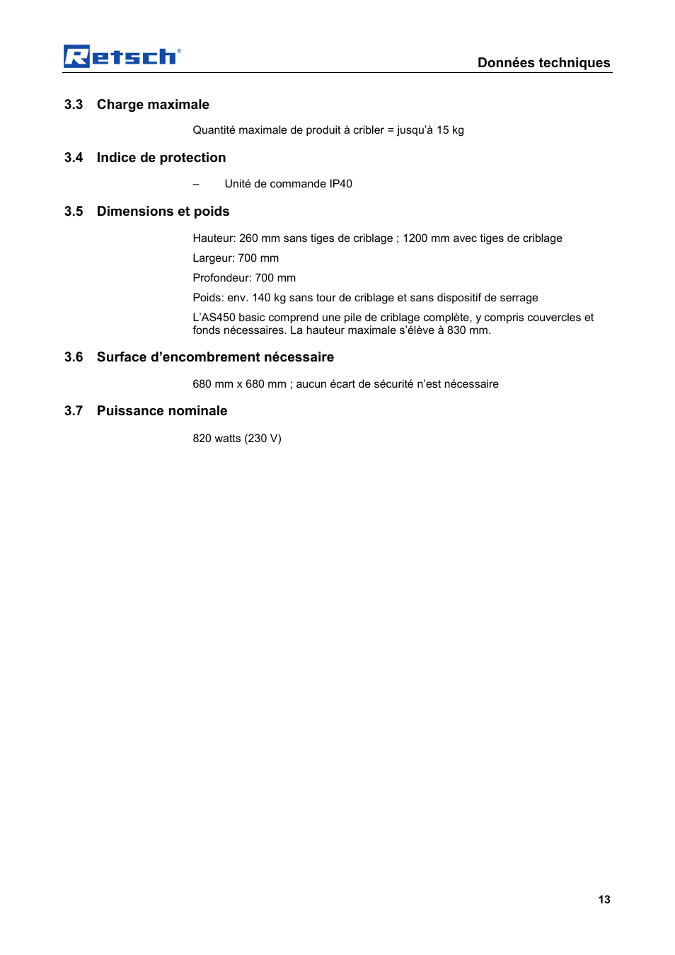 Données techniques, 3 charge maximale, 4 indice de protection | 5 dimensions et poids, 6 surface d’encombrement nécessaire, 7 puissance nominale | Retsch AS 450 basic User Manual | Page 13 / 44