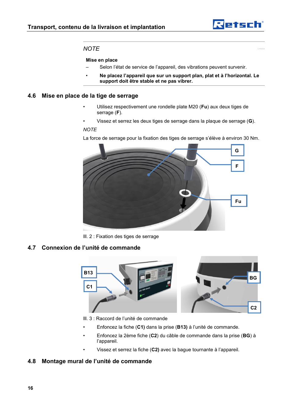 Transport, contenu de la livraison et implantation, 6 mise en place de la tige de serrage, 7 connexion de l’unité de commande | 8 montage mural de l’unité de commande | Retsch AS 450 basic User Manual | Page 16 / 44
