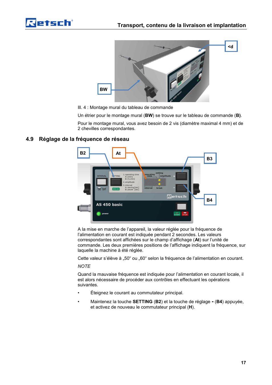 Transport, contenu de la livraison et implantation, 9 réglage de la fréquence de réseau | Retsch AS 450 basic User Manual | Page 17 / 44