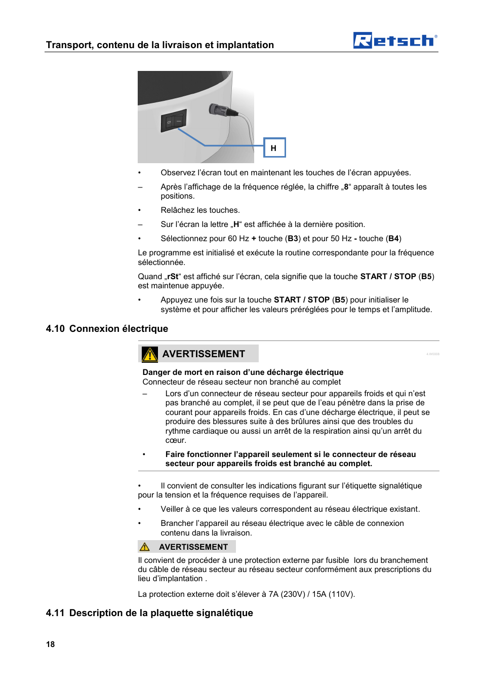 Transport, contenu de la livraison et implantation, 10 connexion électrique, Avertissement | 11 description de la plaquette signalétique | Retsch AS 450 basic User Manual | Page 18 / 44