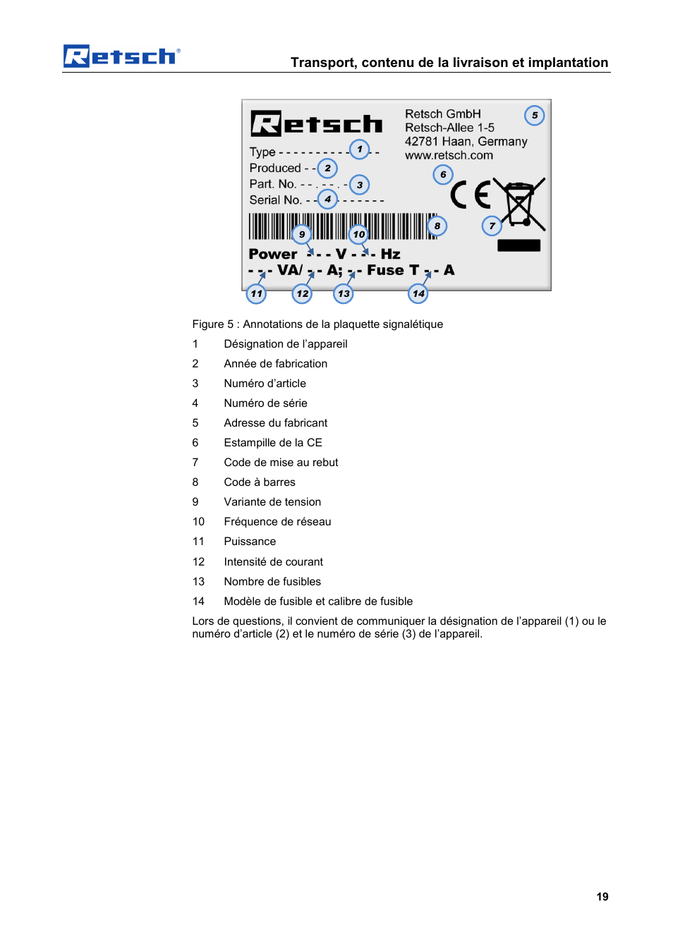 Transport, contenu de la livraison et implantation | Retsch AS 450 basic User Manual | Page 19 / 44