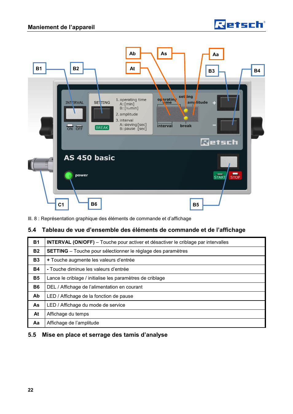 Maniement de l’appareil, 5 mise en place et serrage des tamis d’analyse | Retsch AS 450 basic User Manual | Page 22 / 44