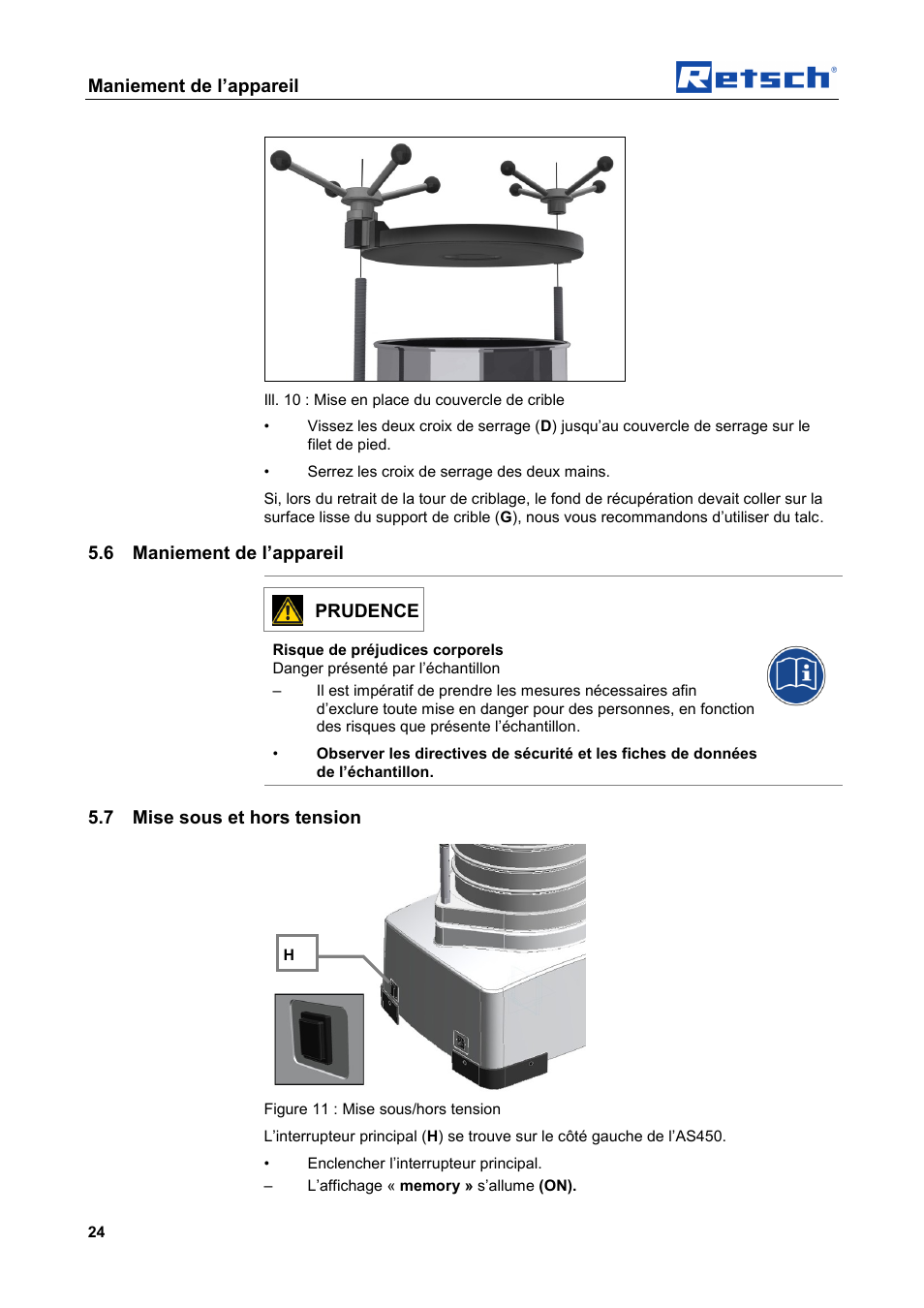 Maniement de l’appareil, 6 maniement de l’appareil, Prudence | 7 mise sous et hors tension | Retsch AS 450 basic User Manual | Page 24 / 44