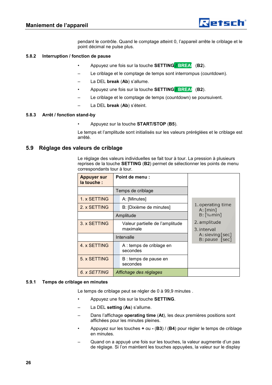 Maniement de l’appareil, 9 réglage des valeurs de criblage | Retsch AS 450 basic User Manual | Page 26 / 44