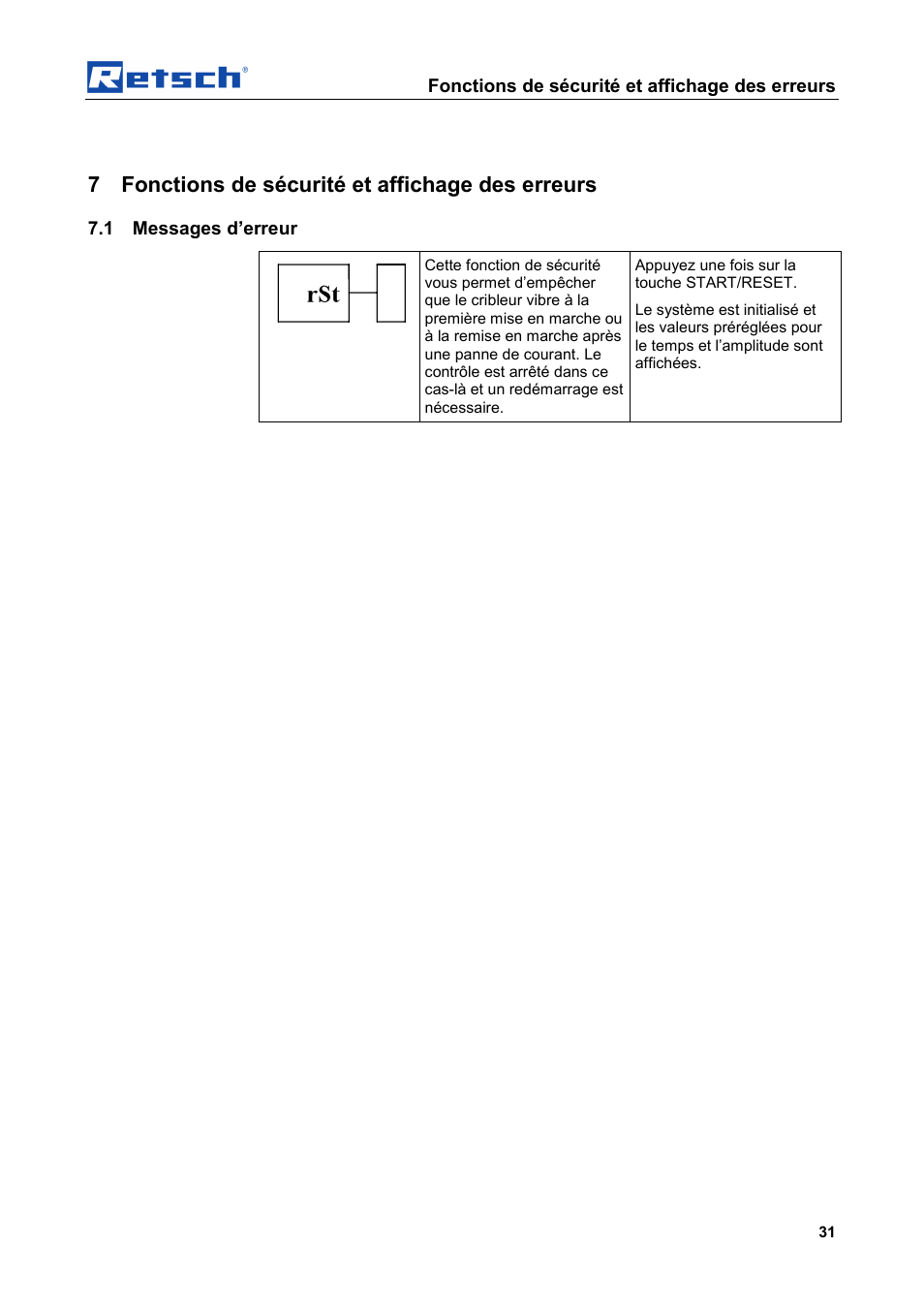 7 fonctions de sécurité et affichage des erreurs, Fonctions de sécurité et affichage des erreurs, 1 messages d’erreur | Retsch AS 450 basic User Manual | Page 31 / 44