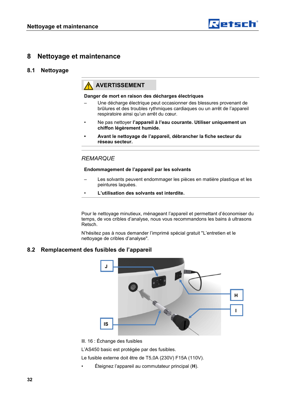 8 nettoyage et maintenance, Nettoyage et maintenance, 1 nettoyage | Avertissement, Remarque, 2 remplacement des fusibles de l’appareil | Retsch AS 450 basic User Manual | Page 32 / 44