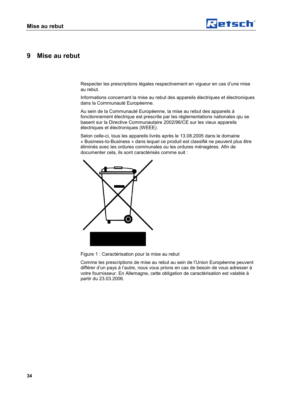 9 mise au rebut, Mise au rebut | Retsch AS 450 basic User Manual | Page 34 / 44