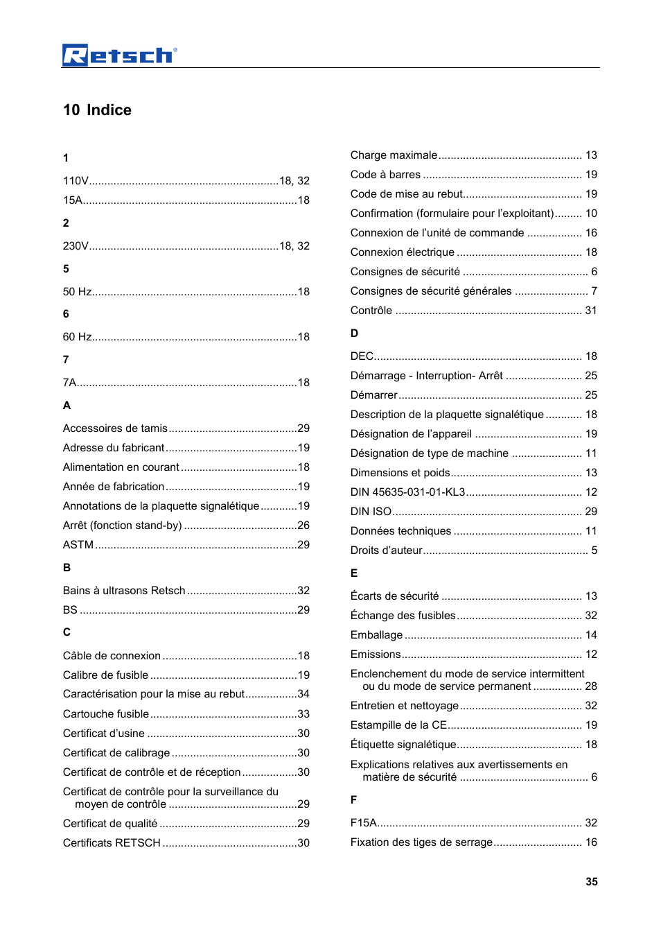 10 indice | Retsch AS 450 basic User Manual | Page 35 / 44