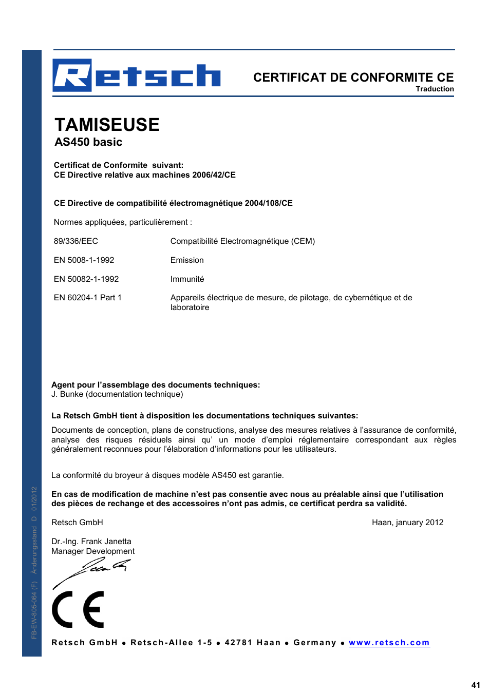 Tamiseuse, Certificat de conformite ce, As450 basic | Retsch AS 450 basic User Manual | Page 41 / 44