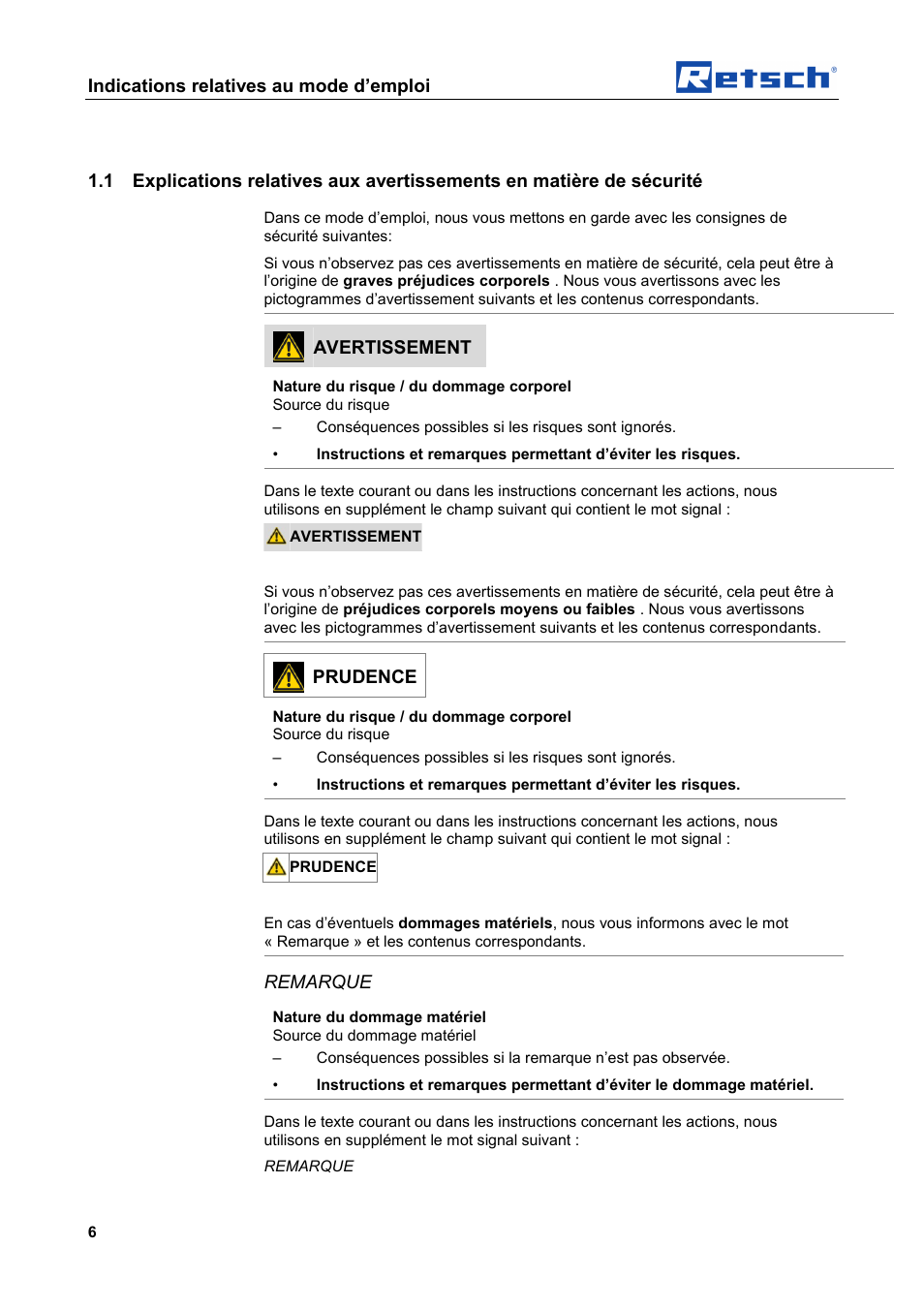Indications relatives au mode d’emploi, Avertissement, Prudence | Remarque | Retsch AS 450 basic User Manual | Page 6 / 44