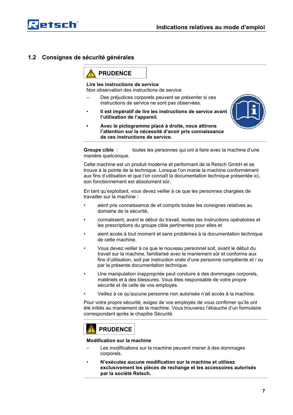 Indications relatives au mode d’emploi, 2 consignes de sécurité générales, Prudence | Retsch AS 450 basic User Manual | Page 7 / 44