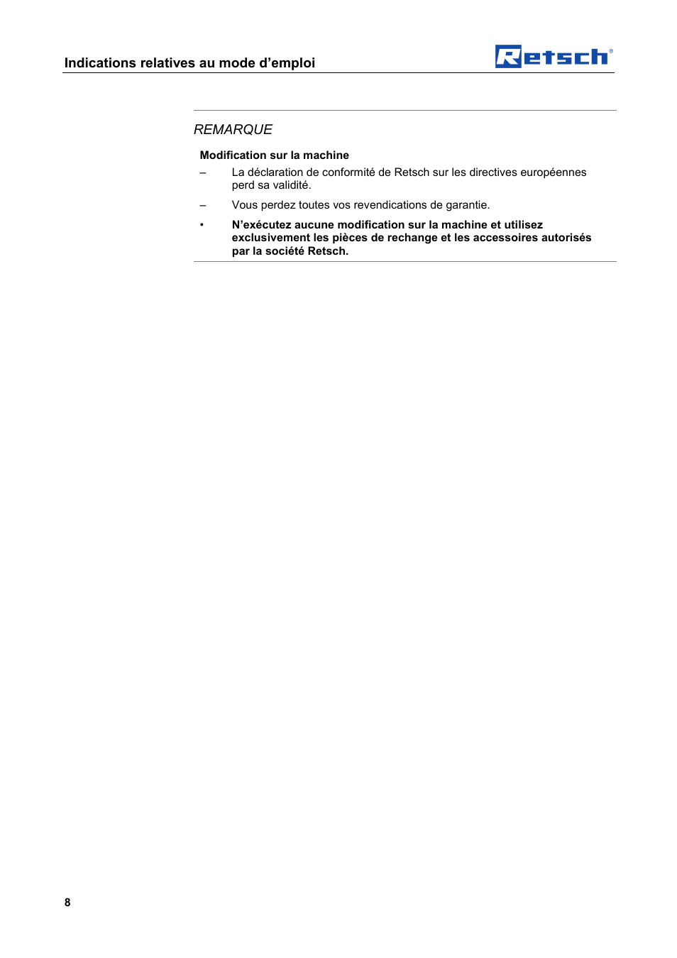 Indications relatives au mode d’emploi, Remarque | Retsch AS 450 basic User Manual | Page 8 / 44