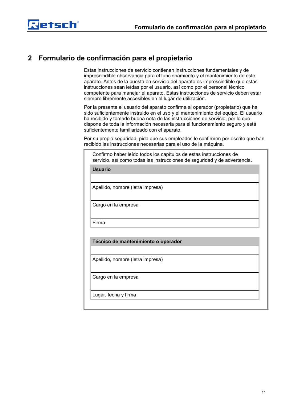 2 formulario de confirmación para el propietario, Formulario de confirmación para el propietario | Retsch AS 450 control User Manual | Page 11 / 52