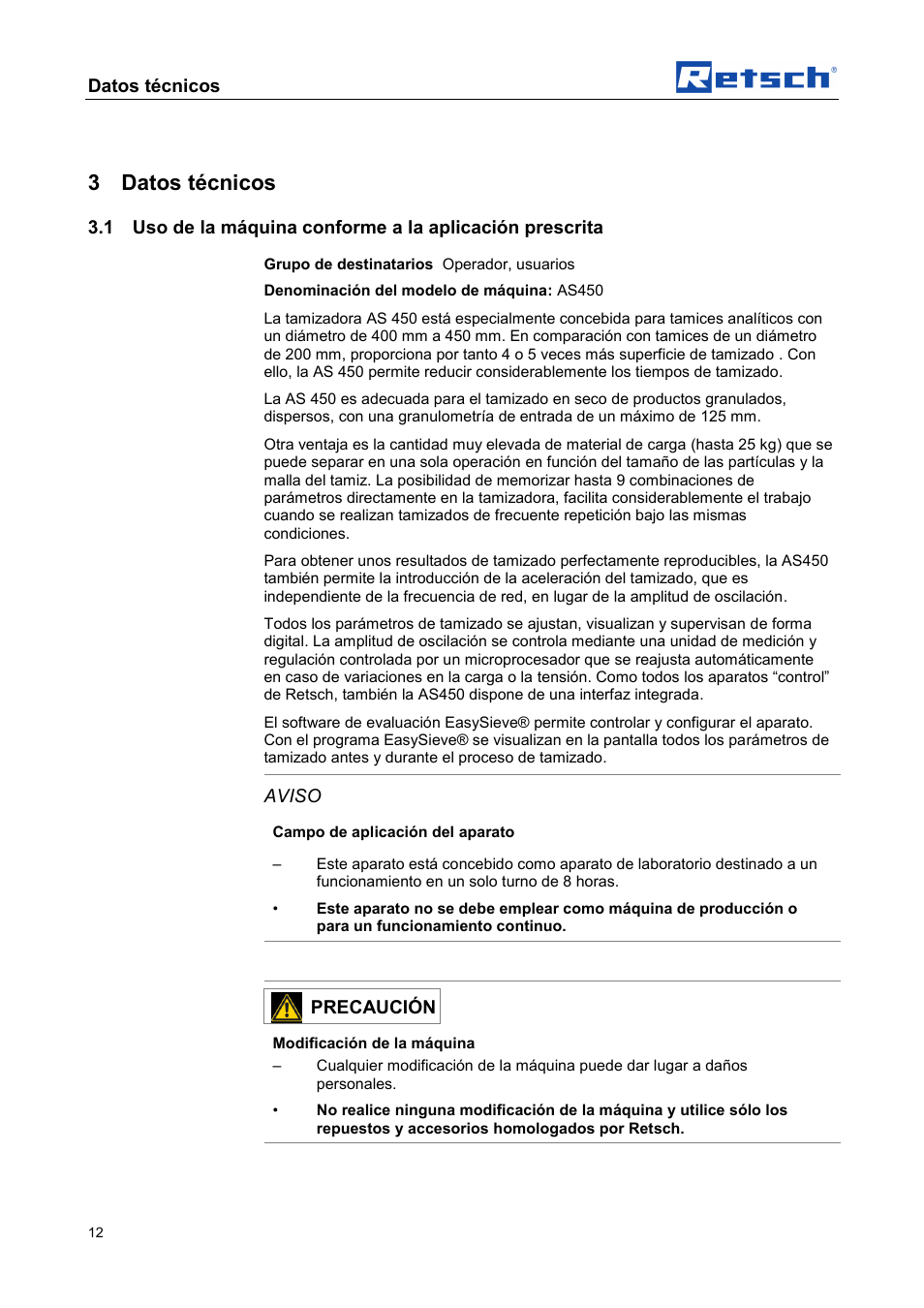 3 datos técnicos, Datos técnicos, Aviso | Precaución | Retsch AS 450 control User Manual | Page 12 / 52