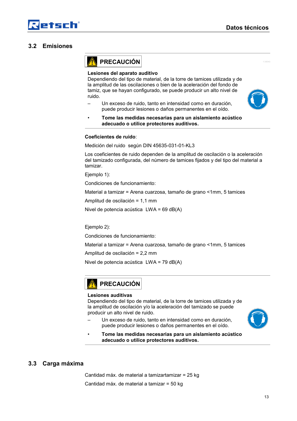Datos técnicos, 2 emisiones, Precaución | 3 carga máxima | Retsch AS 450 control User Manual | Page 13 / 52