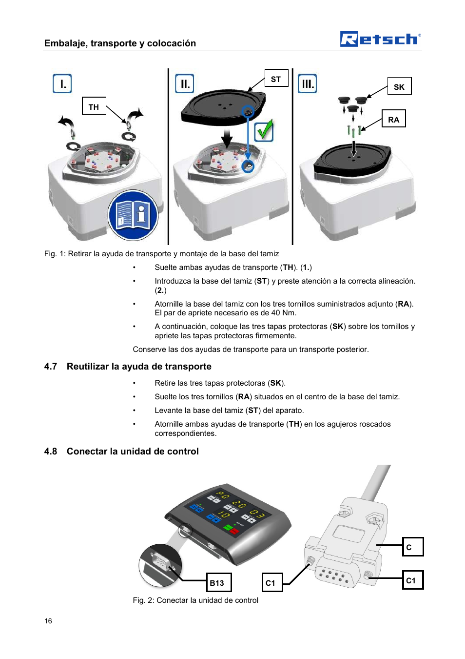 Embalaje, transporte y colocación, 7 reutilizar la ayuda de transporte, 8 conectar la unidad de control | Retsch AS 450 control User Manual | Page 16 / 52