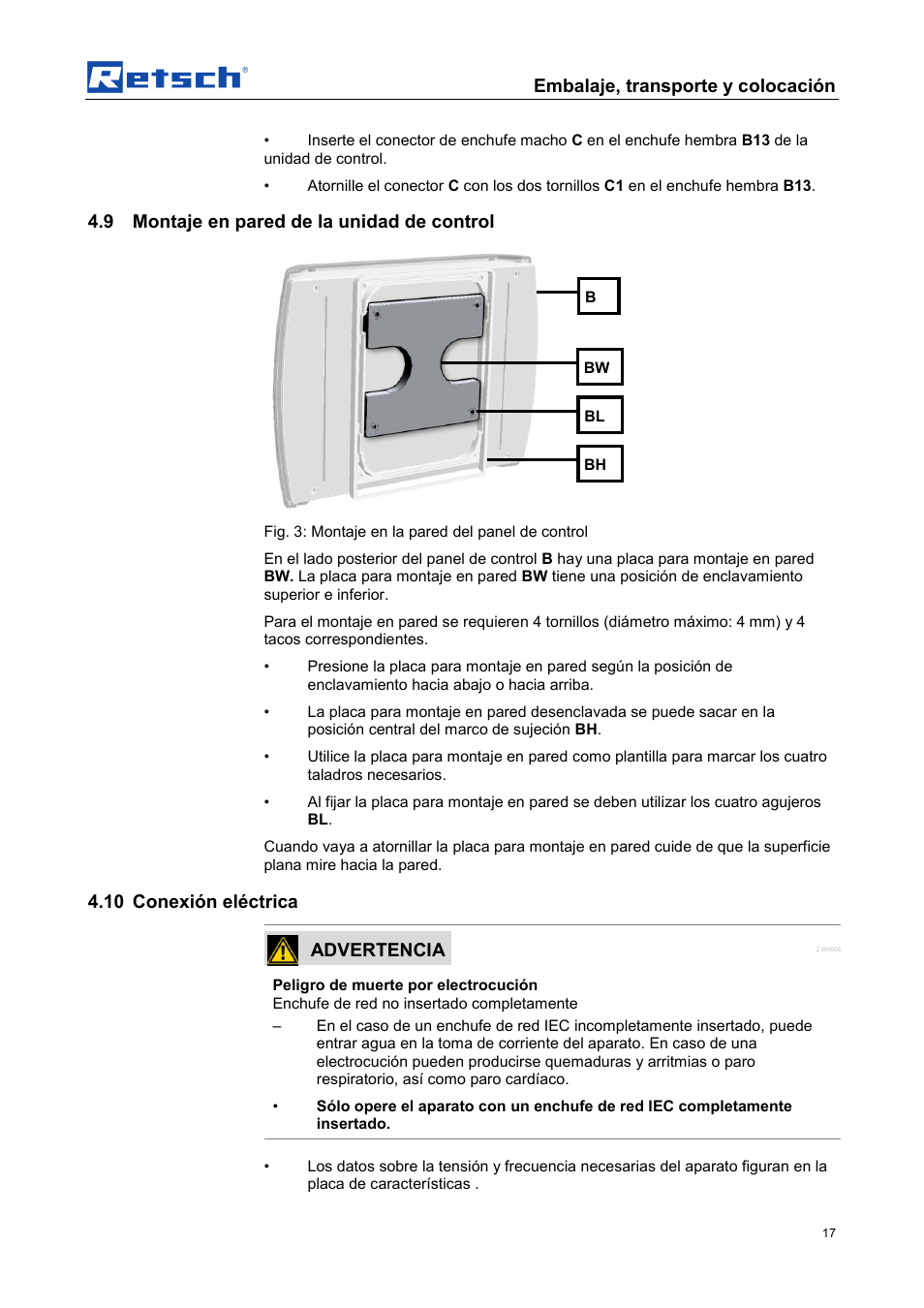 Embalaje, transporte y colocación, 9 montaje en pared de la unidad de control, 10 conexión eléctrica | Advertencia | Retsch AS 450 control User Manual | Page 17 / 52