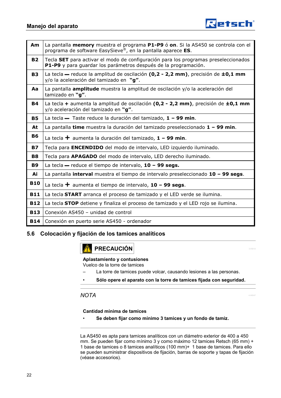 Manejo del aparato, 6 colocación y fijación de los tamices analíticos, Precaución | Nota | Retsch AS 450 control User Manual | Page 22 / 52