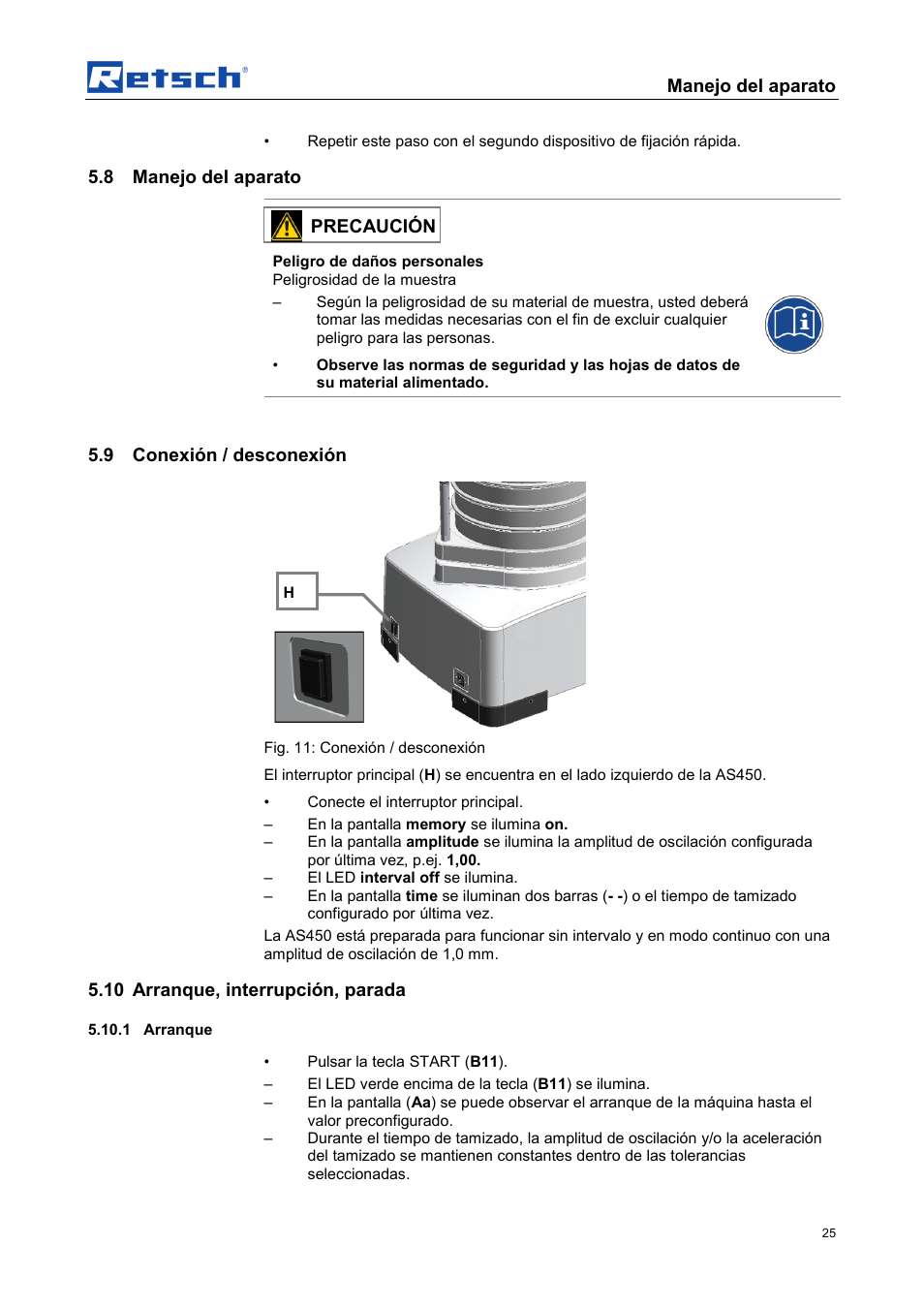 Manejo del aparato, 8 manejo del aparato, Precaución | 9 conexión / desconexión, 10 arranque, interrupción, parada | Retsch AS 450 control User Manual | Page 25 / 52