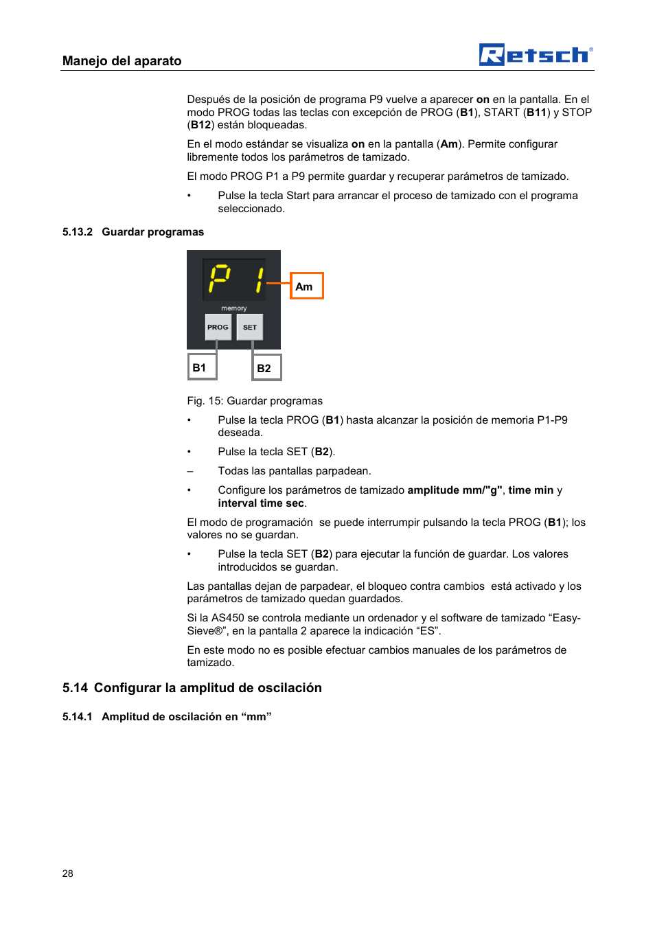 Manejo del aparato, 14 configurar la amplitud de oscilación | Retsch AS 450 control User Manual | Page 28 / 52