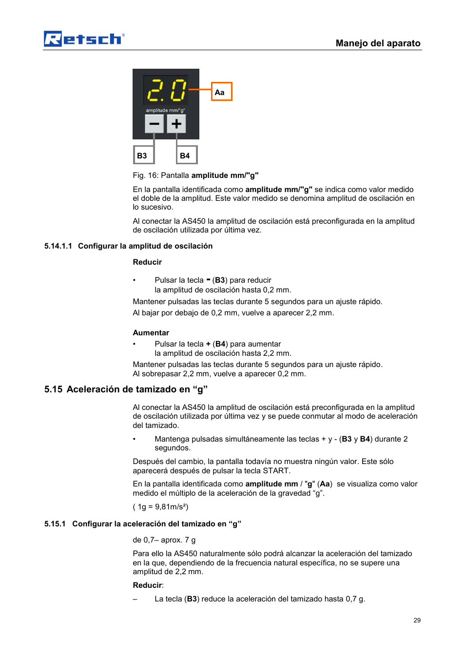 Manejo del aparato, 15 aceleración de tamizado en “g | Retsch AS 450 control User Manual | Page 29 / 52