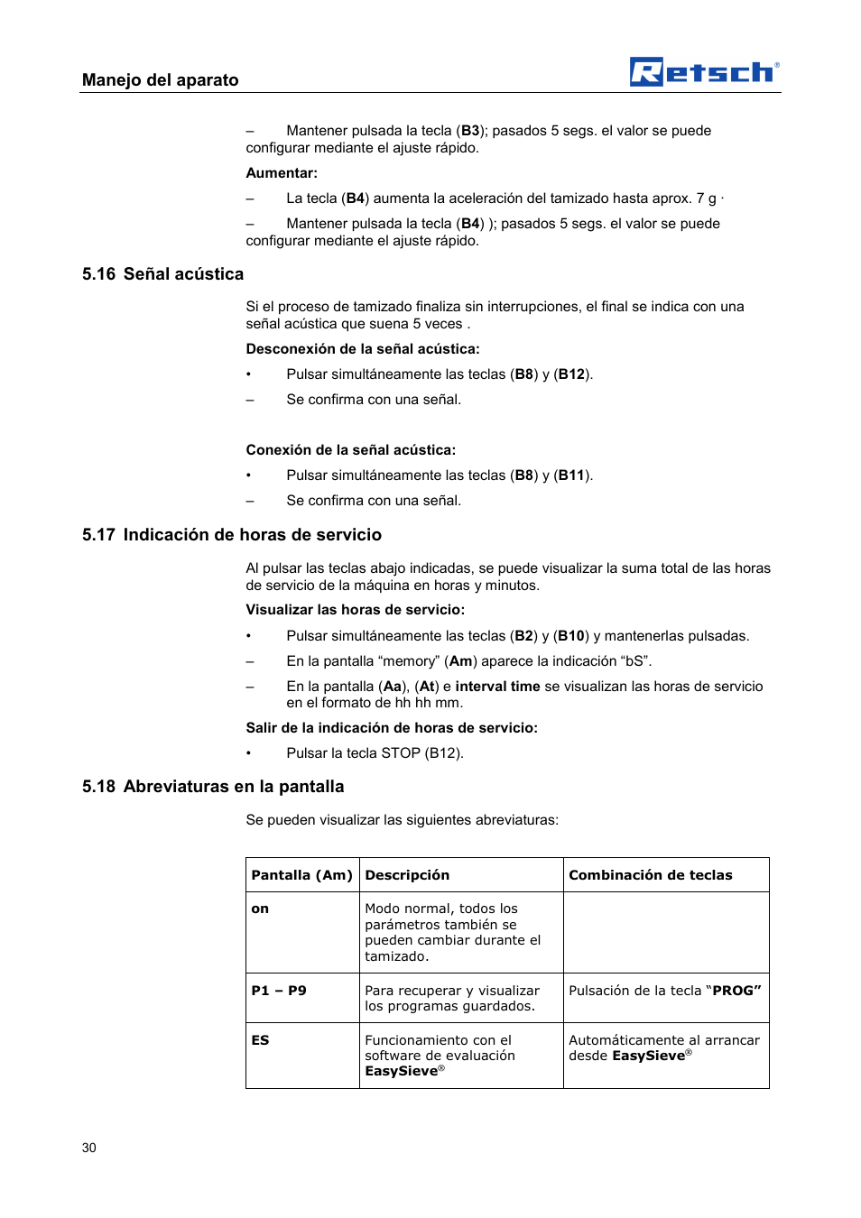 Manejo del aparato, 16 señal acústica, 17 indicación de horas de servicio | 18 abreviaturas en la pantalla | Retsch AS 450 control User Manual | Page 30 / 52