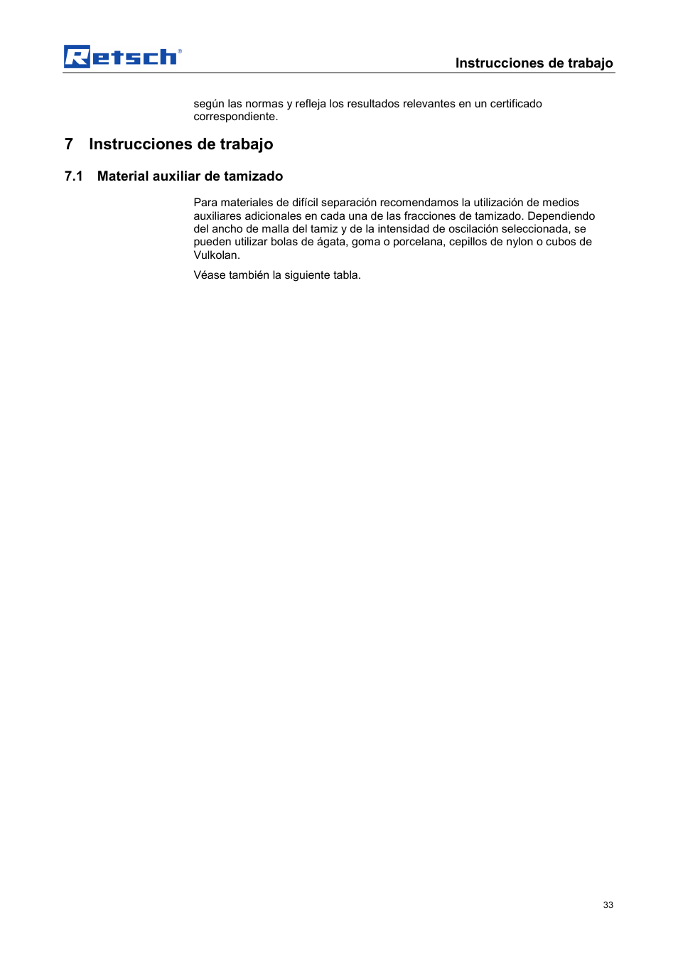 7 instrucciones de trabajo, Instrucciones de trabajo, 1 material auxiliar de tamizado | Retsch AS 450 control User Manual | Page 33 / 52