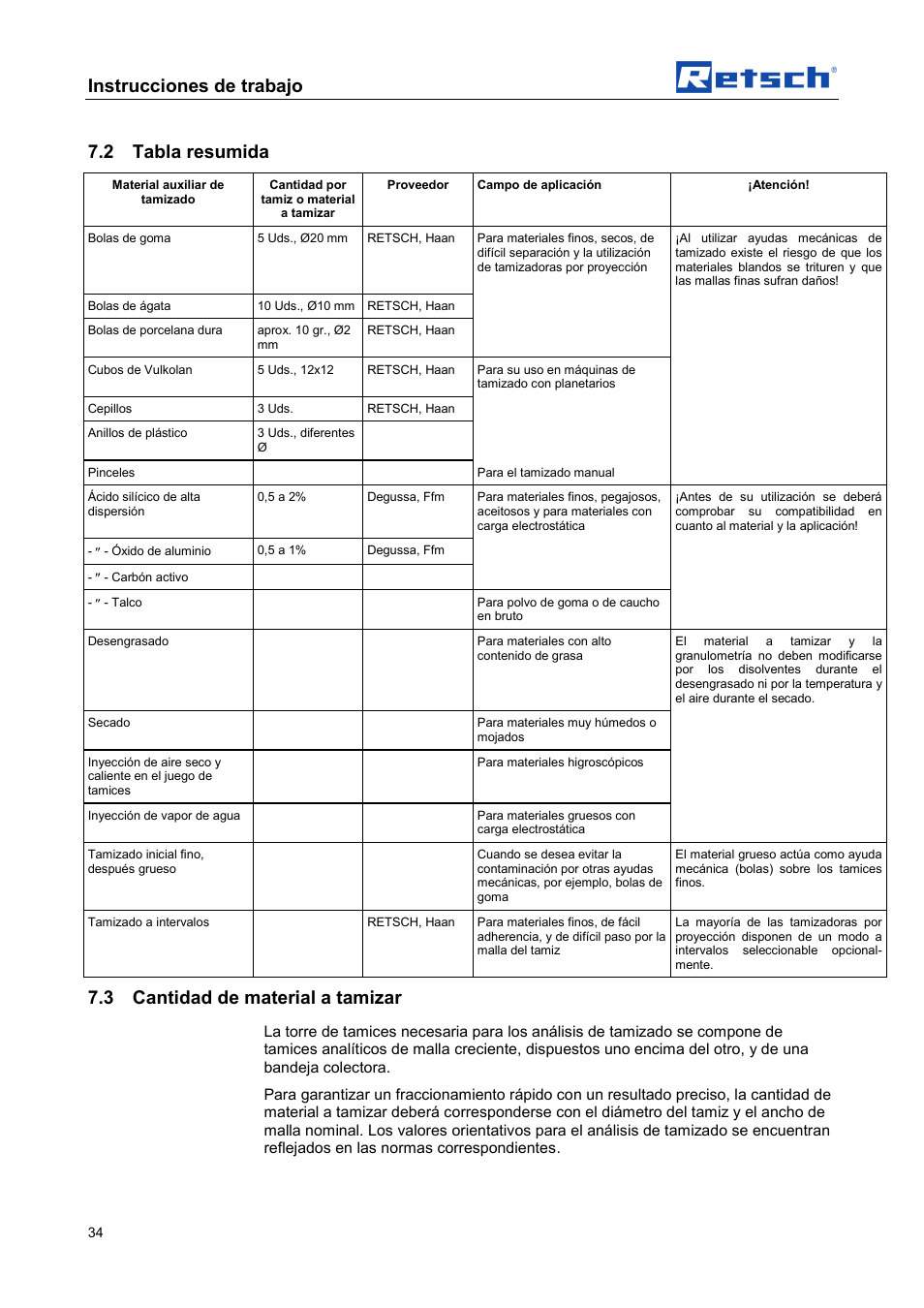 Instrucciones de trabajo, 2 tabla resumida, 3 cantidad de material a tamizar | Retsch AS 450 control User Manual | Page 34 / 52