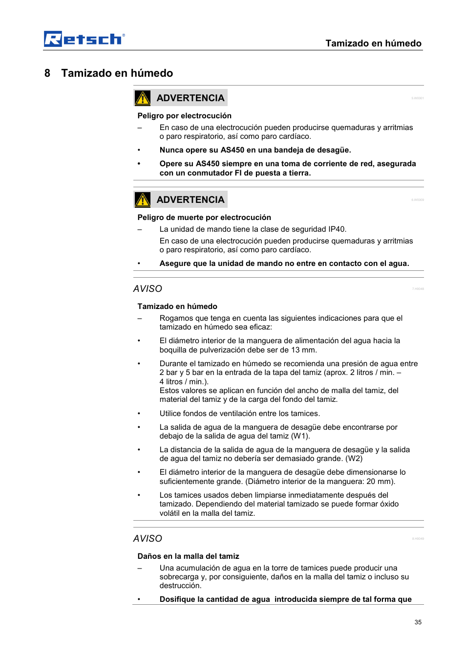 8 tamizado en húmedo, Tamizado en húmedo, Advertencia | Aviso | Retsch AS 450 control User Manual | Page 35 / 52