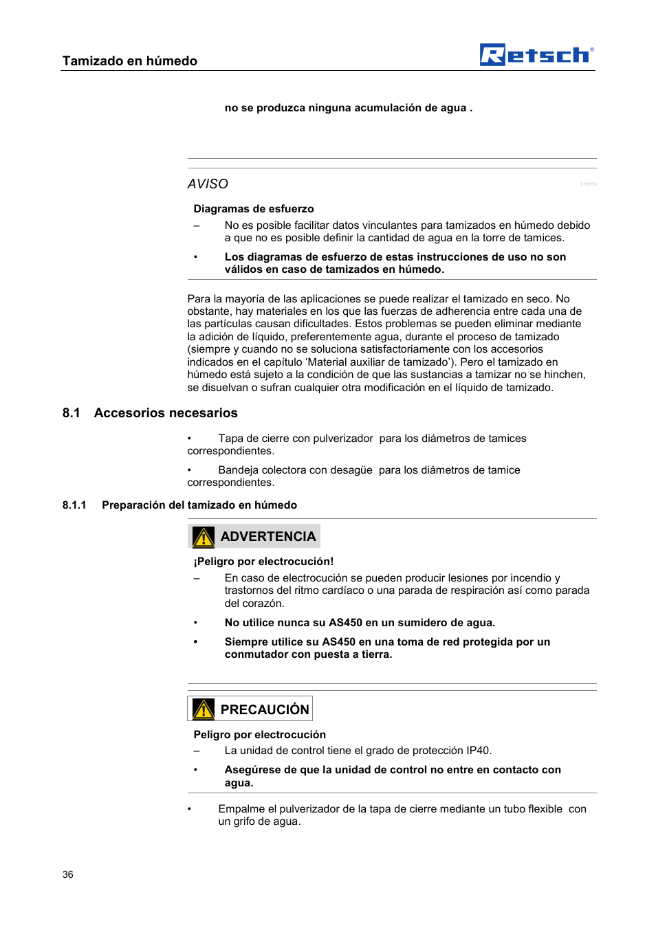 Tamizado en húmedo, Aviso, 1 accesorios necesarios | Advertencia, Precaución | Retsch AS 450 control User Manual | Page 36 / 52