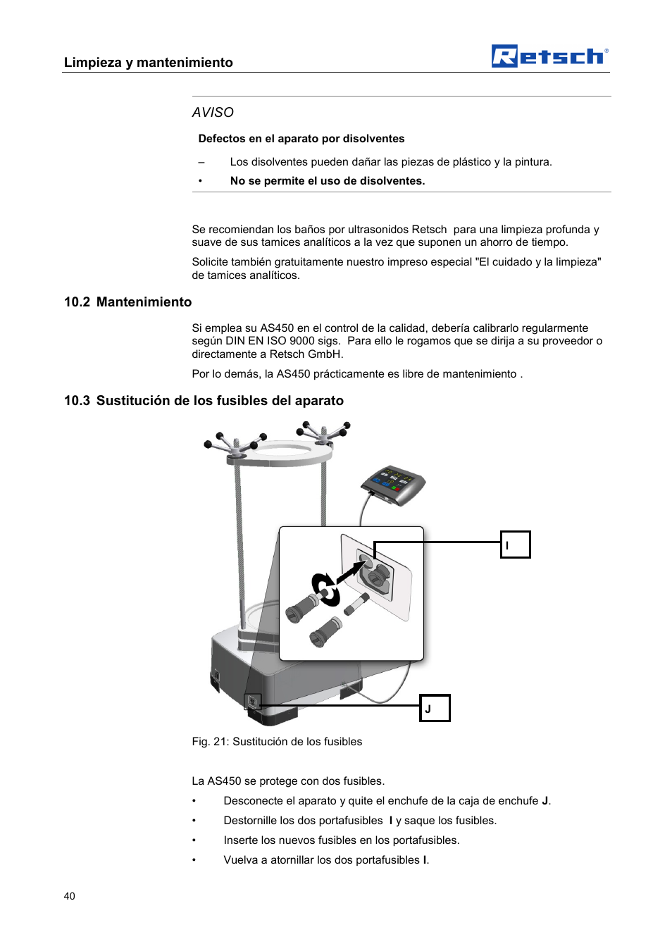 Limpieza y mantenimiento, Aviso, 2 mantenimiento | 3 sustitución de los fusibles del aparato | Retsch AS 450 control User Manual | Page 40 / 52
