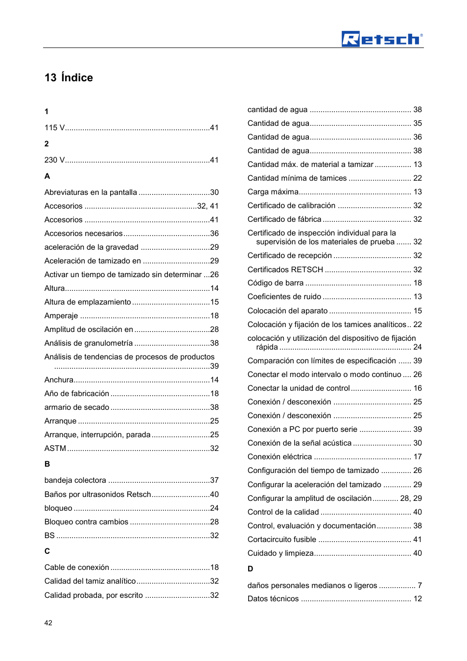 13 índice | Retsch AS 450 control User Manual | Page 42 / 52