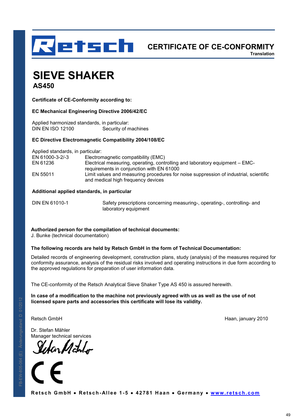 Sieve shaker, Certificate of ce-conformity, As450 | Retsch AS 450 control User Manual | Page 49 / 52