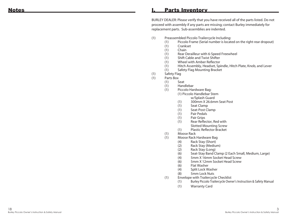 I. parts inventory | Burley Piccolo User Manual | Page 3 / 10