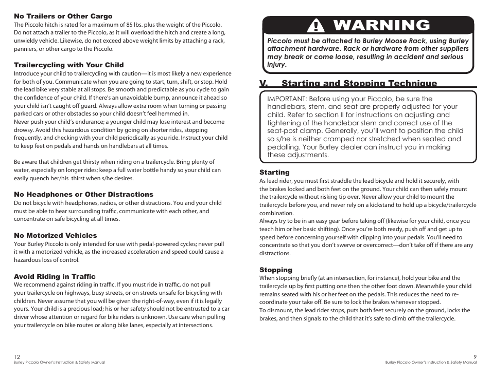 V. starting and stopping technique | Burley Piccolo User Manual | Page 9 / 10