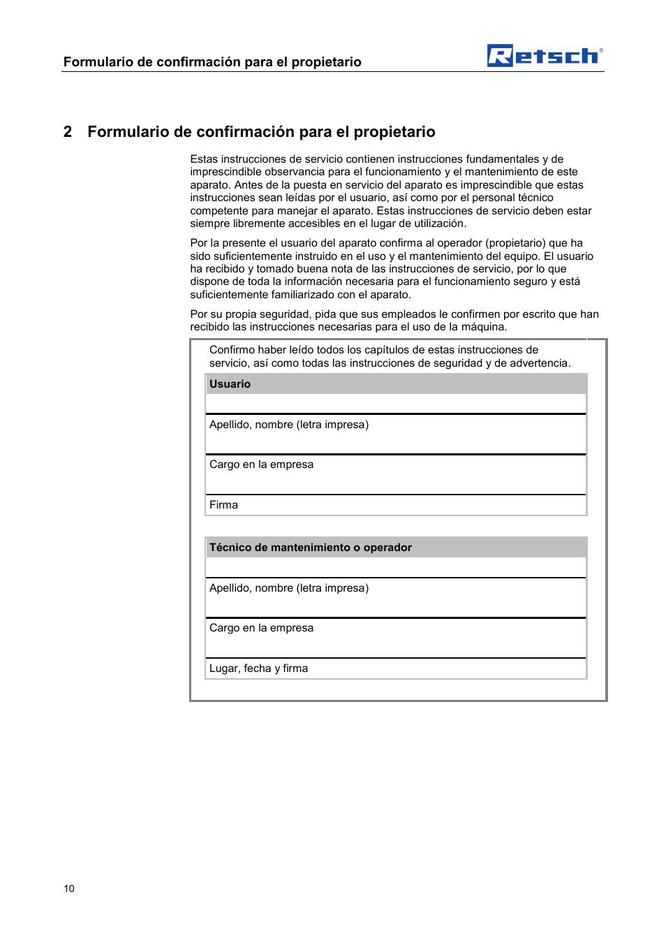 2 formulario de confirmación para el propietario, Formulario de confirmación para el propietario | Retsch DR 100 User Manual | Page 10 / 40