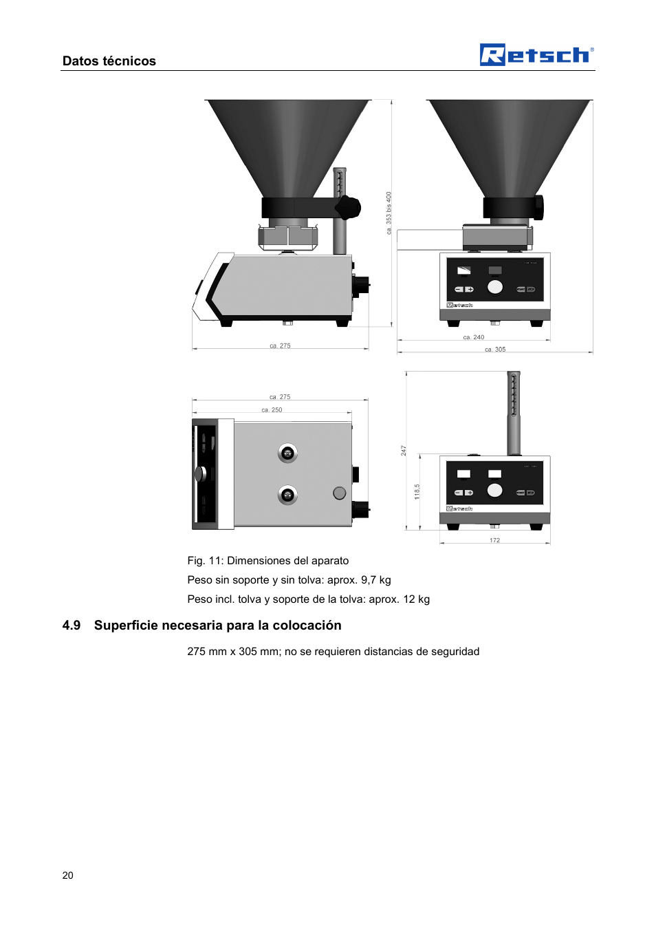 Datos técnicos, 9 superficie necesaria para la colocación | Retsch DR 100 User Manual | Page 20 / 40