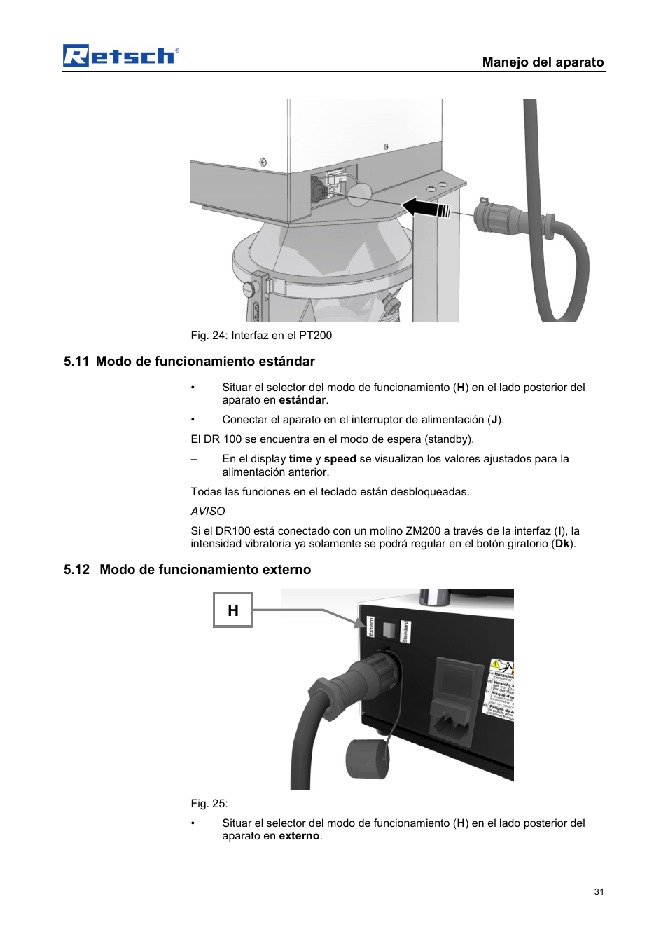 Manejo del aparato, 11 modo de funcionamiento estándar, 12 modo de funcionamiento externo | Retsch DR 100 User Manual | Page 31 / 40