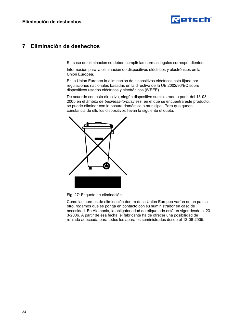 7 eliminación de deshechos, Eliminación de deshechos | Retsch DR 100 User Manual | Page 34 / 40