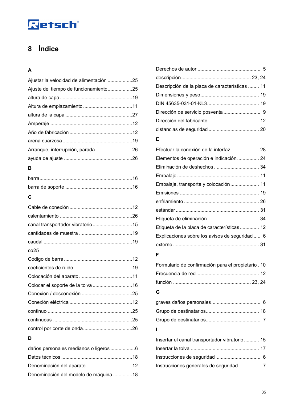 8 índice | Retsch DR 100 User Manual | Page 35 / 40