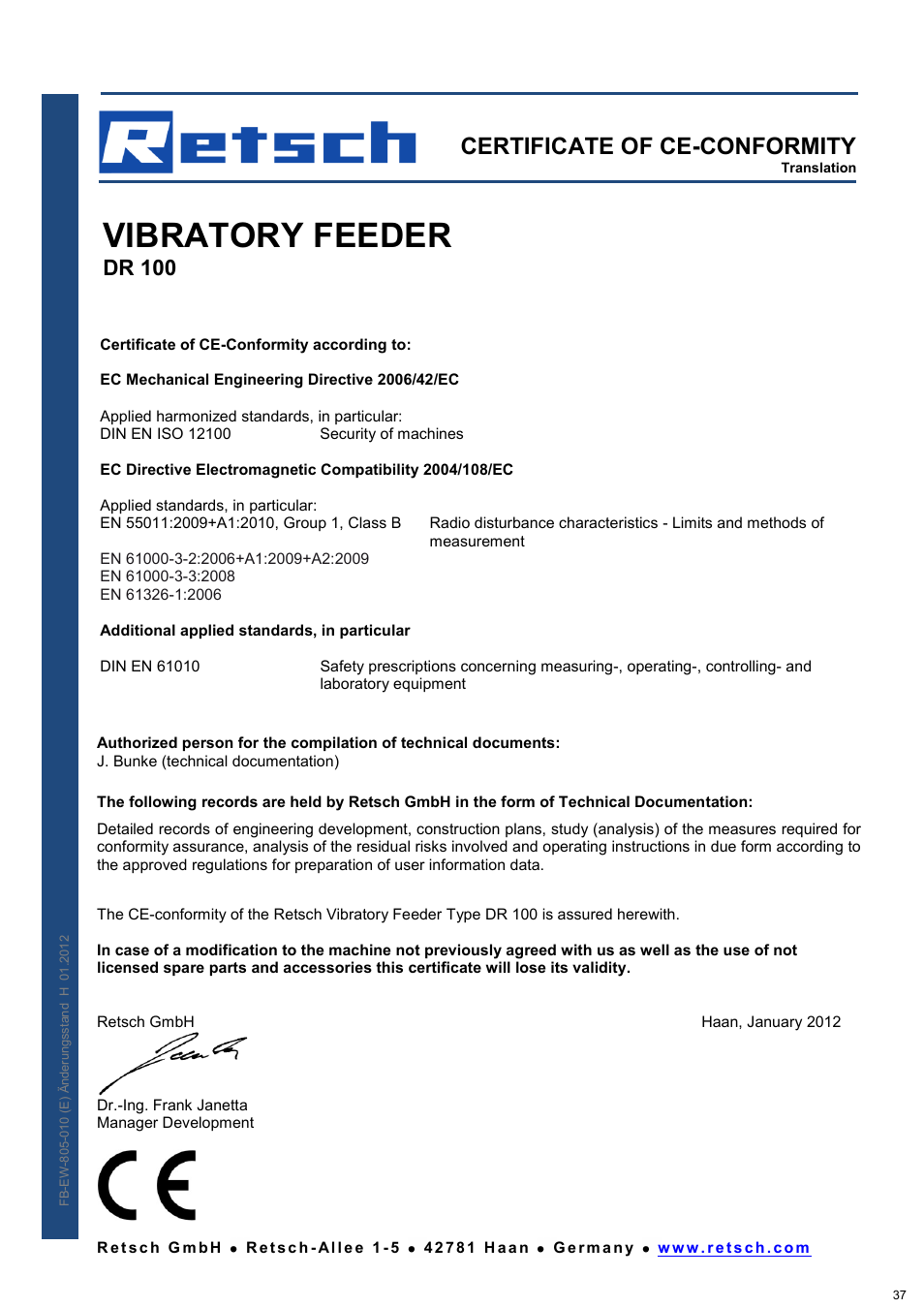 Vibratory feeder, Certificate of ce-conformity, Dr 100 | Retsch DR 100 User Manual | Page 37 / 40